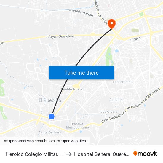 Heroico Colegio Militar, 86b to Hospital General Querétaro map