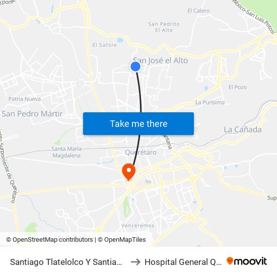 Santiago Tlatelolco Y Santiago Del Oeste to Hospital General Querétaro map