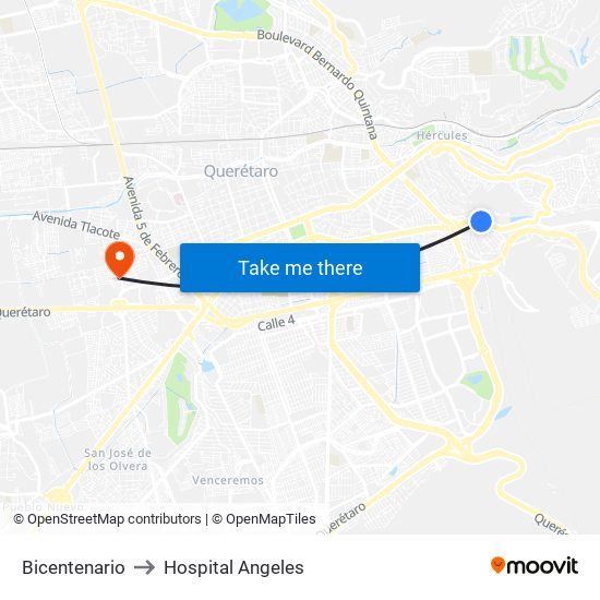 Bicentenario to Hospital Angeles map
