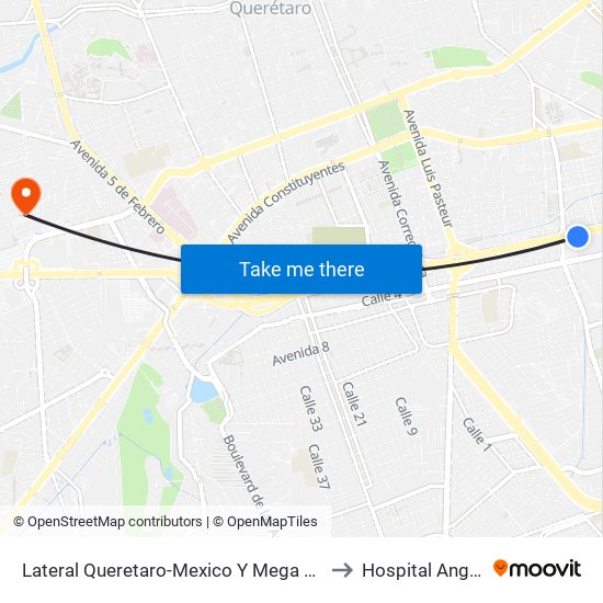 Lateral Queretaro-Mexico Y Mega Estadio to Hospital Angeles map