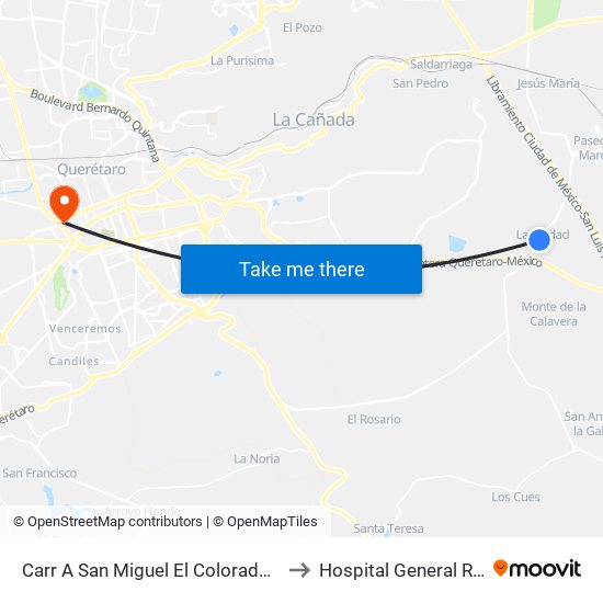 Carr A San Miguel El Colorado Y Calle San Juan Del Río to Hospital General Regional #1 IMSS map