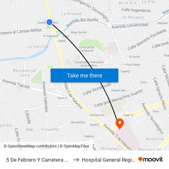 5 De Febrero Y Carretera Al Campo Militar to Hospital General Regional #1 IMSS map