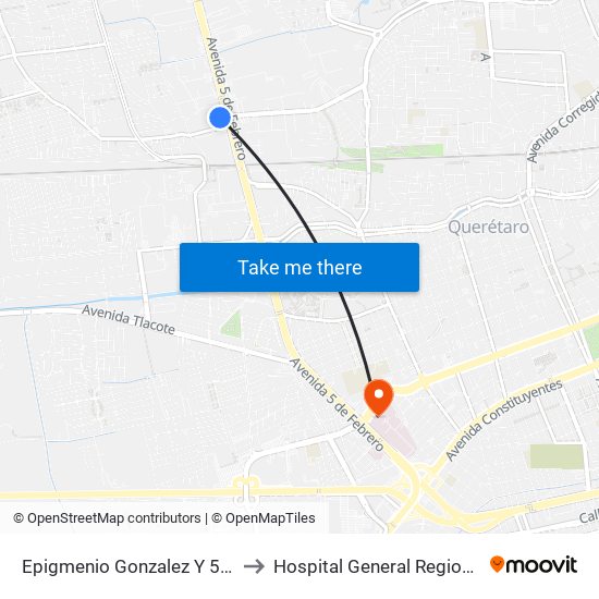Epigmenio Gonzalez Y 5 De Febrero to Hospital General Regional #1 IMSS map