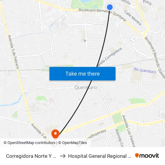 Corregidora Norte Y Morera to Hospital General Regional #1 IMSS map