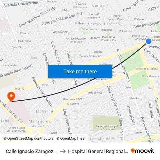 Calle Ignacio Zaragoza, 109_4 to Hospital General Regional #1 IMSS map