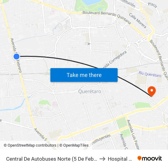 Central De Autobuses Norte (5 De Febrero Y Epigmenio González) to Hospital De La Cruz map