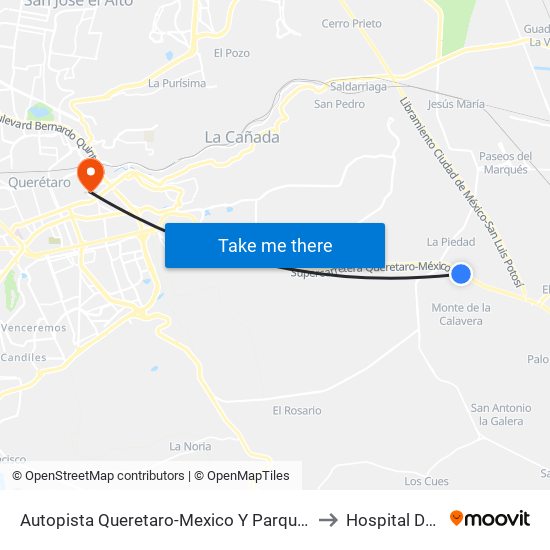 Autopista Queretaro-Mexico Y Parque Industrial El Marques to Hospital De La Cruz map