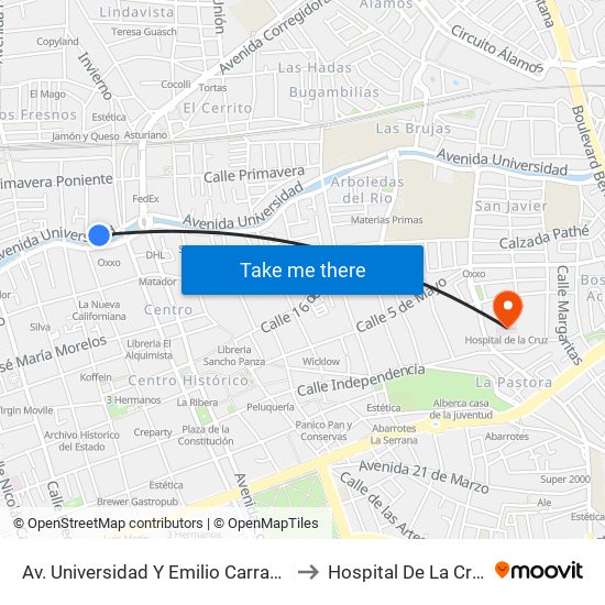 Av. Universidad Y Emilio Carranza to Hospital De La Cruz map