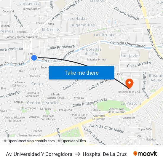 Av. Universidad Y Corregidora to Hospital De La Cruz map
