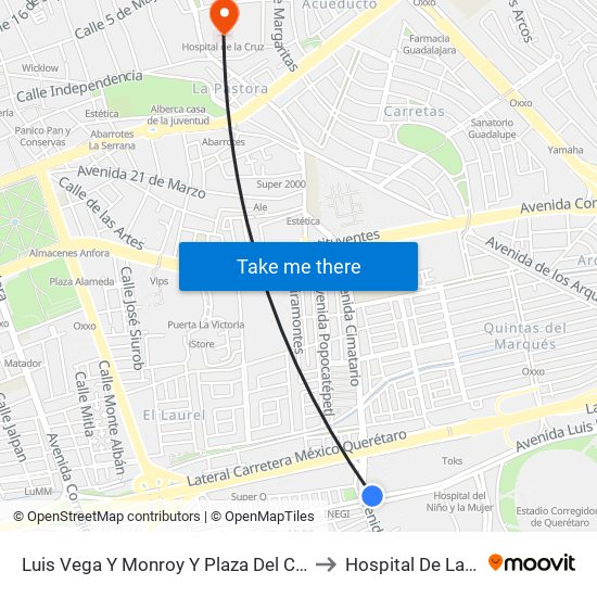 Luis Vega Y Monroy Y Plaza Del Cimatario to Hospital De La Cruz map