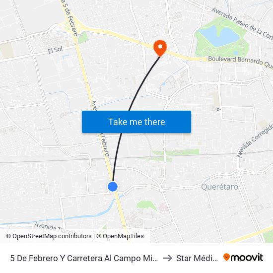 5 De Febrero Y Carretera Al Campo Militar to Star Médica map