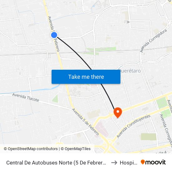 Central De Autobuses Norte (5 De Febrero Y Epigmenio González) to Hospital H+ map