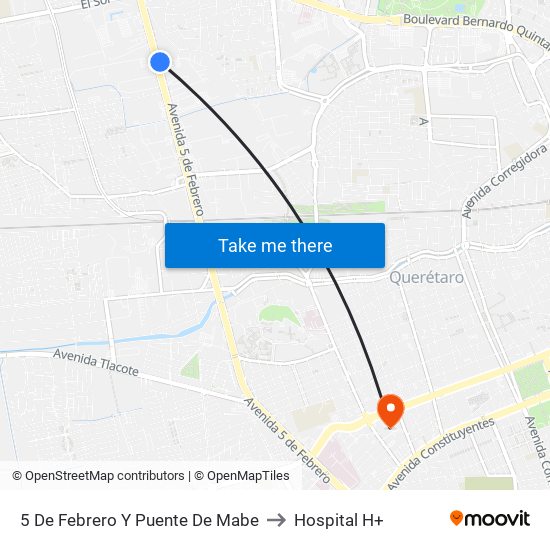 5 De Febrero Y Puente De Mabe to Hospital H+ map