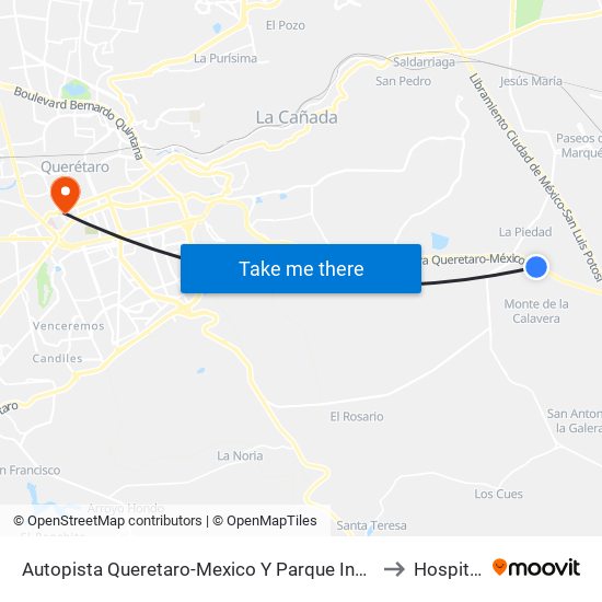 Autopista Queretaro-Mexico Y Parque Industrial El Marques to Hospital H+ map