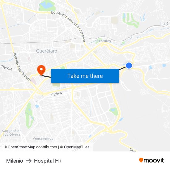 Milenio to Hospital H+ map