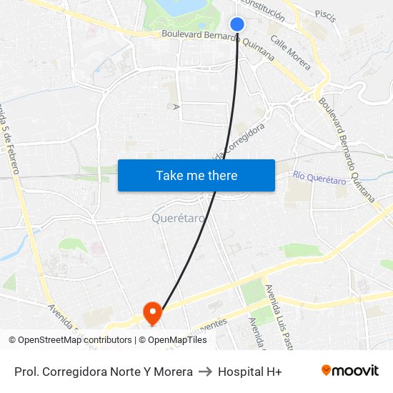 Prol. Corregidora Norte Y Morera to Hospital H+ map