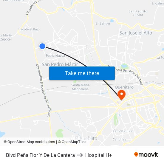 Blvd Peña Flor Y De La Cantera to Hospital H+ map
