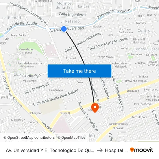 Av. Universidad - Itq (Entrada Norte) to Hospital H+ map