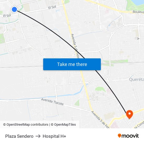 Plaza Sendero to Hospital H+ map