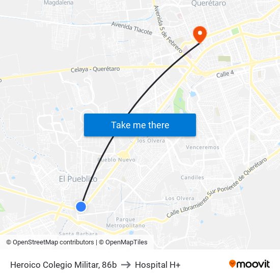 Heroico Colegio Militar, 86b to Hospital H+ map