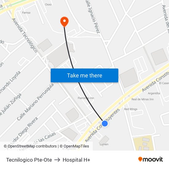 Tecnilogico Pte-Ote to Hospital H+ map