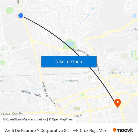 Av. 5 De Febrero Y Corporativo Santander to Cruz Roja Mexicana map