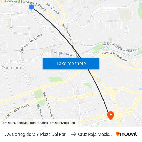 Av. Corregidora Y Plaza Del Parque to Cruz Roja Mexicana map