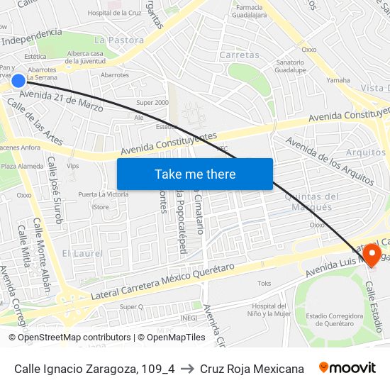 Calle Ignacio Zaragoza, 109_4 to Cruz Roja Mexicana map