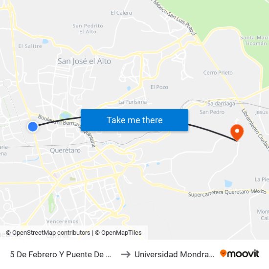 5 De Febrero Y Puente De Mabe to Universidad Mondragon map