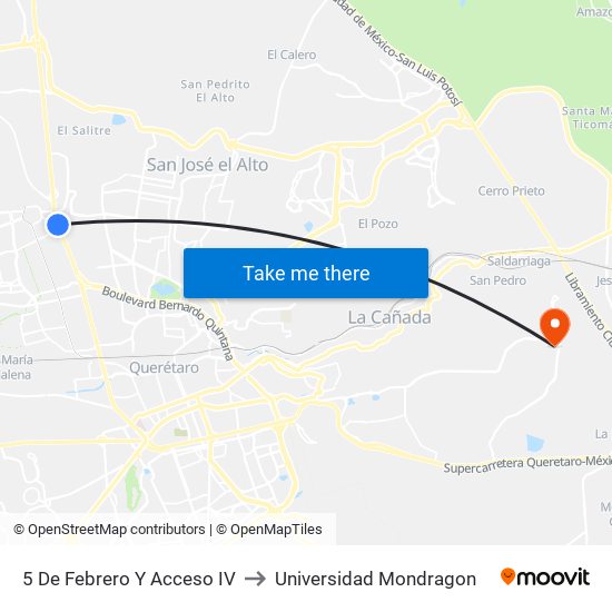 5 De Febrero Y Acceso IV to Universidad Mondragon map
