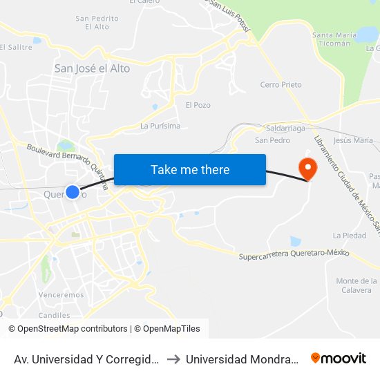 Av. Universidad Y Corregidora to Universidad Mondragon map