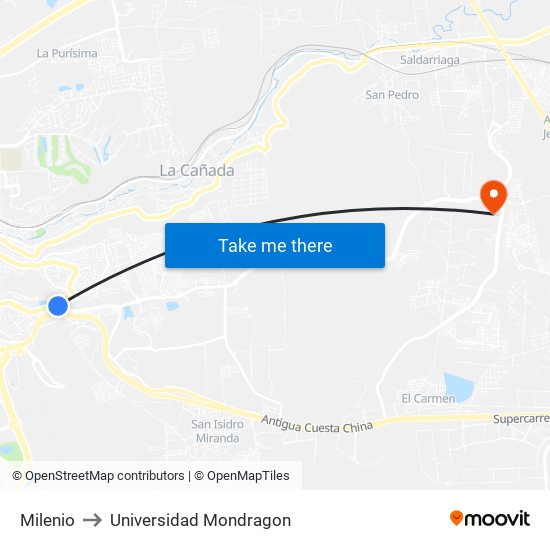 Milenio to Universidad Mondragon map