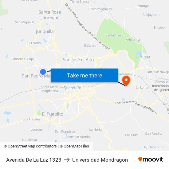 Avenida De La Luz 1323 to Universidad Mondragon map