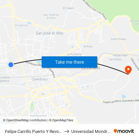 Felipe Carrillo Puerto Y Revolución to Universidad Mondragon map