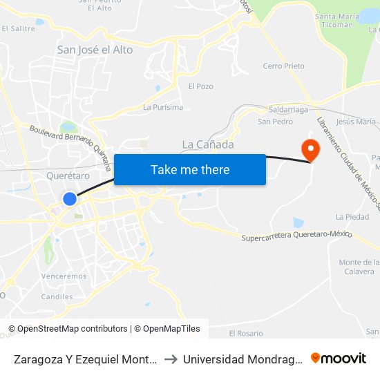 Zaragoza Y Ezequiel Montes to Universidad Mondragon map