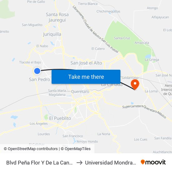 Blvd Peña Flor Y De La Cantera to Universidad Mondragon map