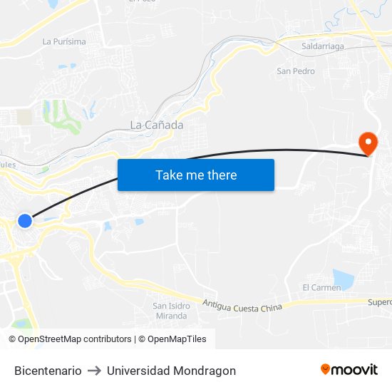 Bicentenario to Universidad Mondragon map