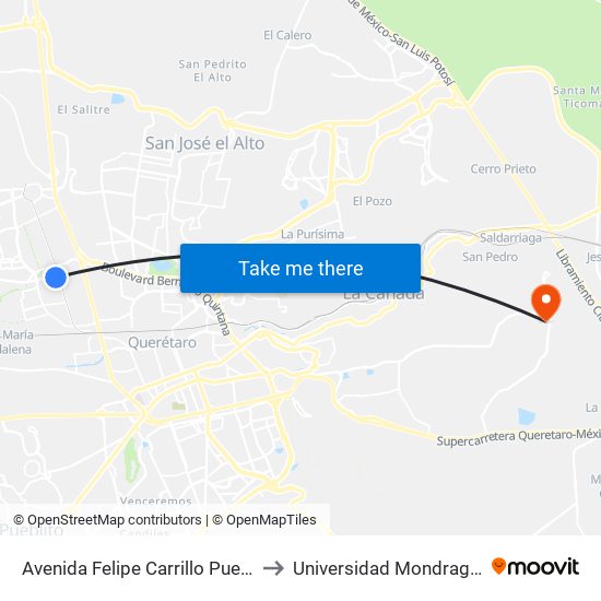 Avenida Felipe Carrillo Puerto to Universidad Mondragon map