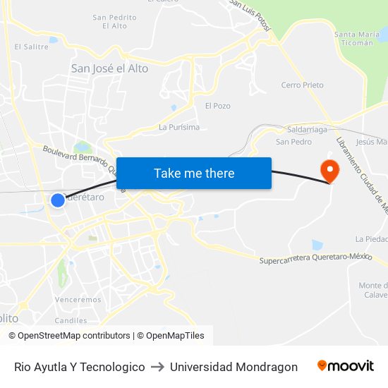 Rio Ayutla Y Tecnologico to Universidad Mondragon map