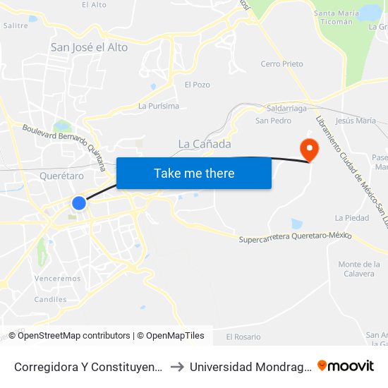 Corregidora Y Constituyentes to Universidad Mondragon map