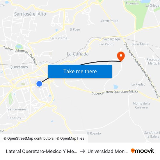 Lateral Queretaro-Mexico Y Mega Estadio to Universidad Mondragon map