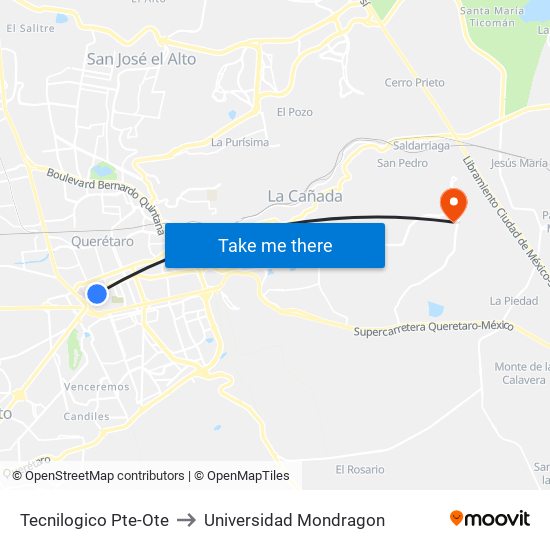 Tecnilogico Pte-Ote to Universidad Mondragon map