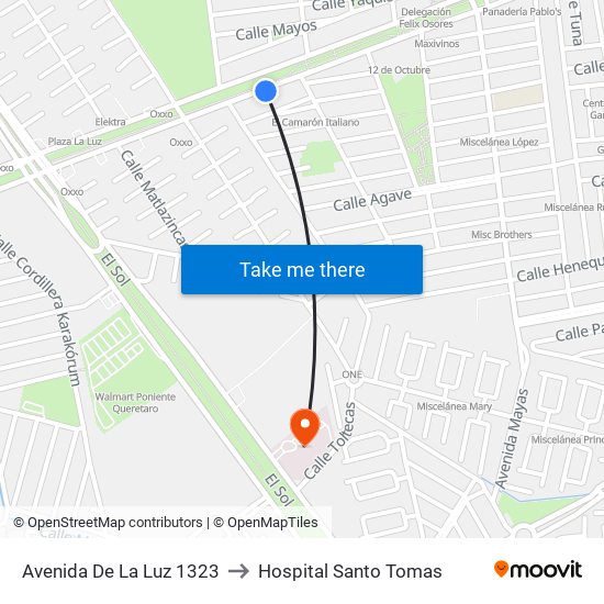 Avenida De La Luz 1323 to Hospital Santo Tomas map