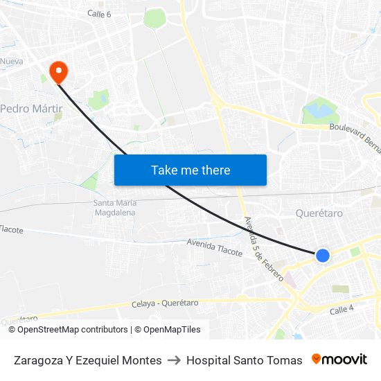 Zaragoza Y Ezequiel Montes to Hospital Santo Tomas map