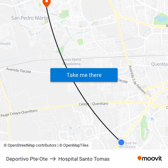 Deportivo Pte-Ote to Hospital Santo Tomas map