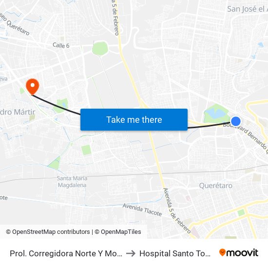 Prol. Corregidora Norte Y Morera to Hospital Santo Tomas map