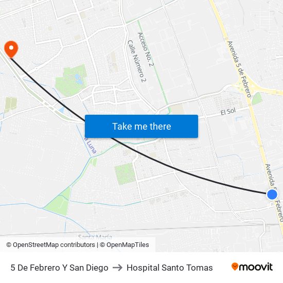 5 De Febrero Y San Diego to Hospital Santo Tomas map