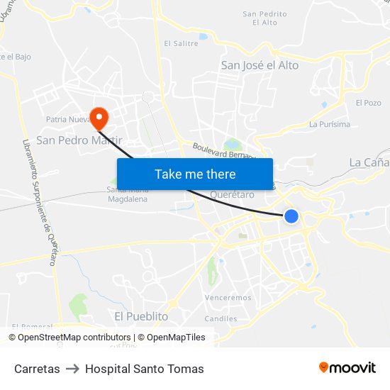 Carretas to Hospital Santo Tomas map