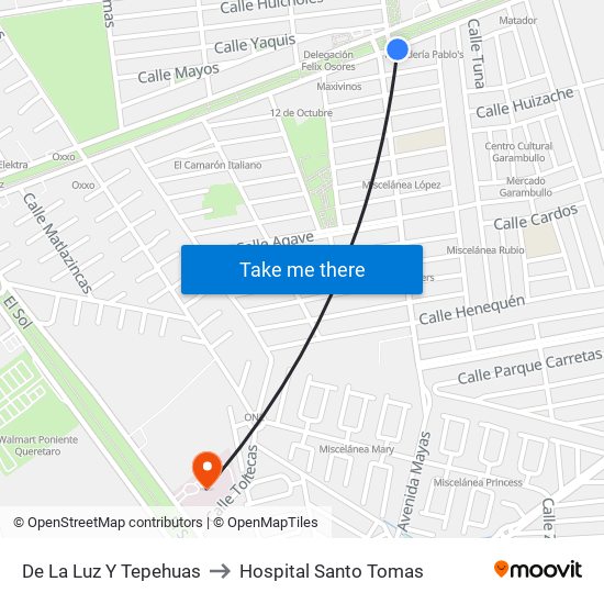 De La Luz Y Tepehuas to Hospital Santo Tomas map