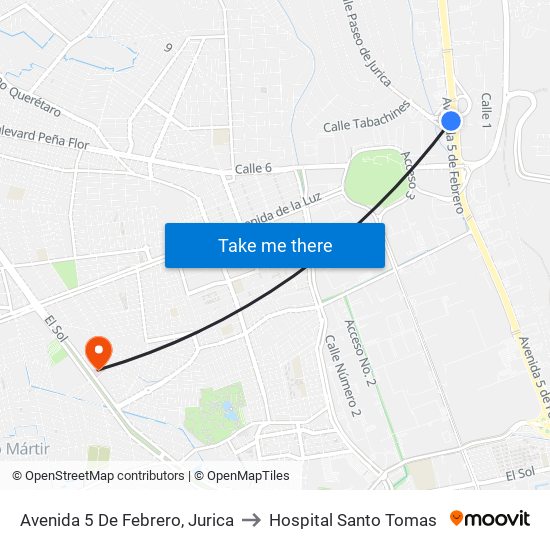 Avenida 5 De Febrero, Jurica to Hospital Santo Tomas map